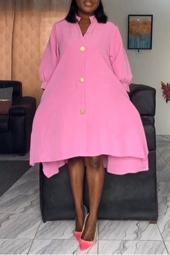 Pink Casual Daily Elegant Solid Plain Buckle Solid Color V Neck The MIDI Dress Dresses