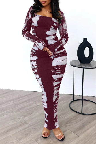Burgundy Street Print Patchwork Square Collar Long Dresses