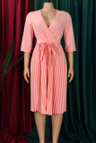 Rosa, elegantes, solides Patchwork mit Gürtel, plissiertes A-Linien-Kleid mit V-Ausschnitt