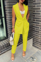 Yellow Casual Solid Buttons Slit Turn-back Collar Sleeveless Two Pieces