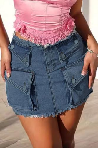 Sky Blue Street Solid Patchwork Pocket Buttons Zipper High Waist Regular Denim Skirts