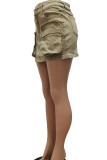 Earth Yellow Street Solid Patchwork Pocket Buttons Zipper Low Waist Regular Cago Denim Mini Skirts
