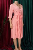 Rosa, elegantes, solides Patchwork mit Gürtel, plissiertes A-Linien-Kleid mit V-Ausschnitt