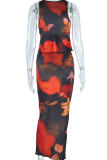 Tangerine Red Street Print Bandage Patchwork Asymmetrical Collar Sleeveless Two Pieces