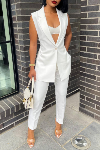 White Casual Solid Buttons Slit Turn-back Collar Sleeveless Two Pieces