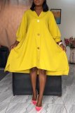 Yellow Casual Daily Elegant Solid Plain Buckle Solid Color V Neck The MIDI Dress Dresses