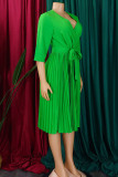 Patchwork sólido elegante verde com cinto plissado decote em V vestidos linha A