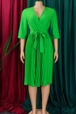 Patchwork solido verde elegante con cintura pieghettata con scollo a V abiti a linea