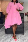 Pink Casual Daily Elegant Solid Plain Buckle Solid Color V Neck The MIDI Dress Dresses