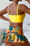 Gelbe Patchwork-Plissee-Badebekleidung mit Sportswear-Print (mit Polsterung)