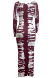 Bordeauxrode straatprint patchwork vierkante kraag lange jurken