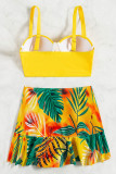 Gelbe Patchwork-Plissee-Badebekleidung mit Sportswear-Print (mit Polsterung)