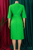 Patchwork solido verde elegante con cintura pieghettata con scollo a V abiti a linea