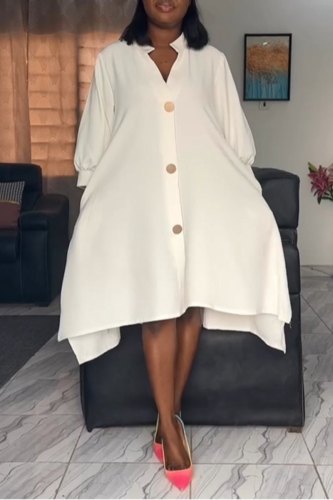 White Casual Daily Elegant Solid Plain Buckle Solid Color V Neck The MIDI Dress Dresses