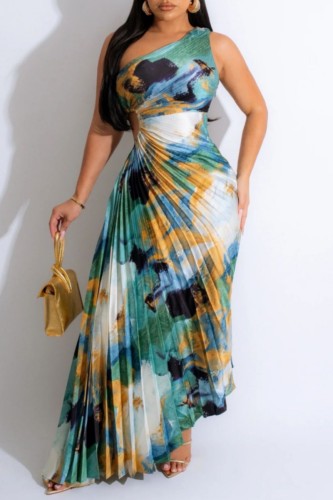 Multicolor Sexy Casual Print Tie Dye Hollowed Out Backless Oblique Collar Long Dress Dresses