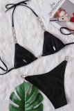 Black Sportswear Bandage Patchwork Hot Drill Swimwears(With Paddings)