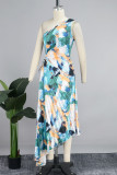 Multicolor Sexy Casual Print Tie Dye Hollowed Out Backless Oblique Collar Long Dress Dresses