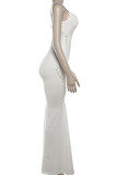 ホワイトセレブソリッドくり抜きパッチワークフォールドスパゲッティストラップスリングドレス