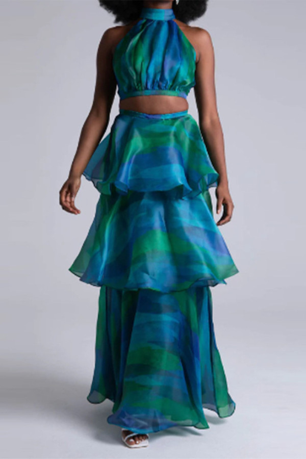 マラカイト グリーン ボヘミアン カレッジ 段階的に変化するタイダイ ホルター ケーキ スカート ドレス
