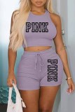 Pink Casual Print Letter O Neck Sleeveless Two Pieces Tank Crop Tops And Shorts Sets