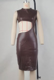 Brown Sexy Solid Hollowed Out Patchwork Slit O Neck Wrapped Skirt Dresses