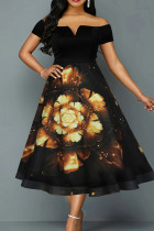 Zwarte elegante print patchwork asymmetrische kraag A-lijn grote maten jurken