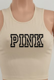 Pink Casual Print Letter O Neck Sleeveless Two Pieces Tank Crop Tops And Shorts Sets