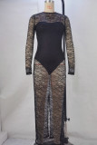 Black Street Solid Lace Patchwork Genomskinliga långa klänningar med o-hals
