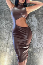 Robe jupe enveloppée marron, Sexy, couleur unie, ajourée, Patchwork, fente, col rond