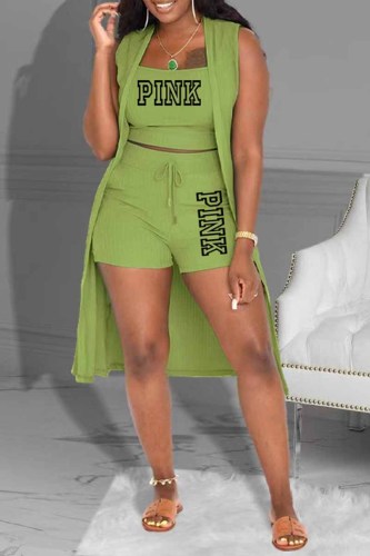 Green Casual Print Letter U Neck Sleeveless Three Pieces
