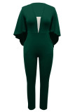Grüner, sexy, einfarbiger, normaler Overall mit Patchwork-Tasche und asymmetrischem Kragen