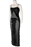 Black Sexy Solid Hollowed Out Patchwork Spaghetti Strap Long Dresses