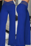 Ковбойские синие повседневные однотонные брюки в стиле пэчворк, обычные однотонные брюки с высокой талией