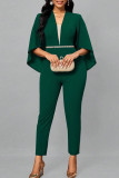 Tute regolari con colletto asimmetrico tascabile patchwork solido verde sexy
