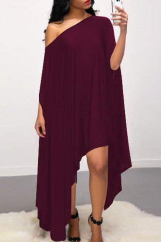 Burgundy Street Solid Patchwork Backless Oblique Collar Long Dresses