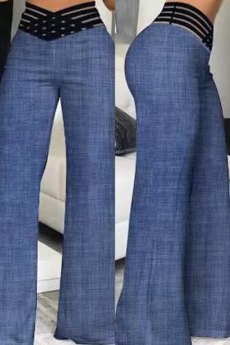 Ковбойские синие повседневные однотонные брюки в стиле пэчворк, обычные однотонные брюки с высокой талией