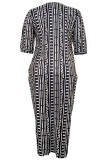 Zwart-wit casual print patchwork zaksplit V-hals lange grote maten jurken