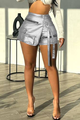 Серебряные сексуальные однотонные лоскутные брюки на молнии с обычной высокой талией, обычные однотонные штаны