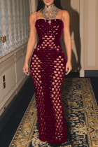 Burgundy Sexy Solid Hollowed Out Patchwork Spaghetti Strap Long Dresses