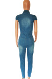 Combinaisons en jean slim bleu clair, couleur unie, boucle de poche, col rabattu, manches courtes