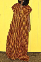 Bruine straatprint, patchwork, knopen, V-hals, lange grote maten jurken