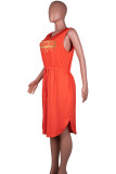 オレンジ レッド カジュアル プリント パッチワーク ドローストリング ポケット V ネック ノースリーブ プラス サイズ ドレス