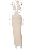 Khaki Sexy Solid Bandage Backless Halter Long Dress Dresses