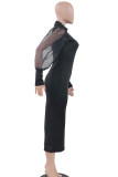 Vestidos longos pretos com estampa casual patchwork malha transparente com decote em O