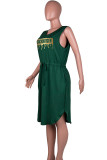 Vestidos casuais verdes estampados patchwork com cordão e bolso com decote em V sem mangas plus size