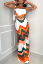 ホワイト オレンジ カジュアル スイート ストリート デイリー エレガント ミックスプリント プリント コントラスト ホルター ドレス