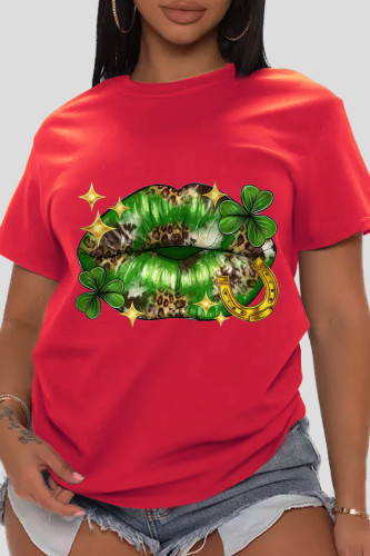 T-shirt con scollo o collo patchwork con stampa stradale rossa
