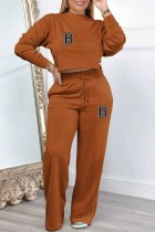 Brown Casual Print Letter O Neck Long Sleeve Two Pieces