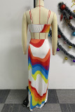 White Orange Rainbow Casual Sweet Street Daily Elegant Mixed Contrast Halter Bodycon Maxi Dresses