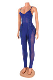 Blue Sexy Solid Patchwork See-through Skull Spaghetti Strap Skinny Jumpsuits
